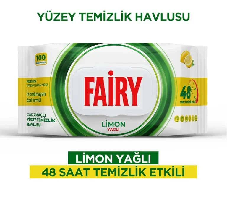دستمال مرطوب سطوح فیری Fairy با رایحه لیمو بسته 100 عددی