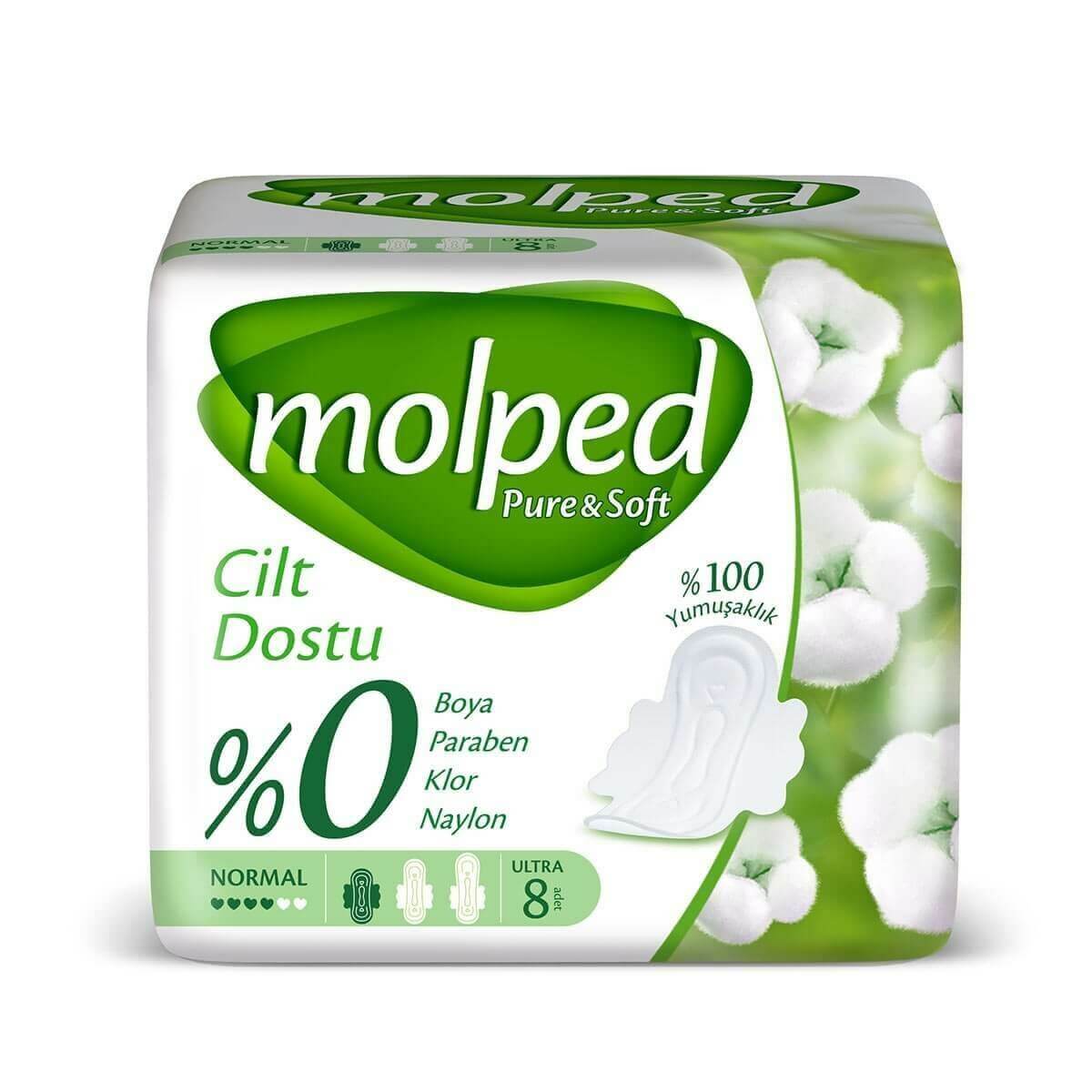 نوار بهداشتی مولپد Molped مدل Pure And Soft سایز نرمال بسته 8 عددی