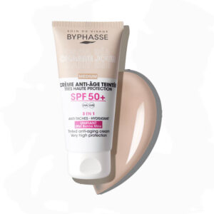 ضدآفتاب رنگی سه کاره آبرسان, آنتی اکسیدان و ضدچروک بایفاس Byphasse رنگ Medium و SPF 50 حجم 50میل