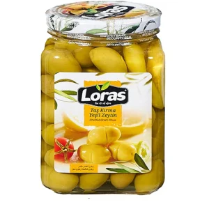 زیتون سبز شکسته لوراس Loras با طعم لیمو وزن 900 گرم
