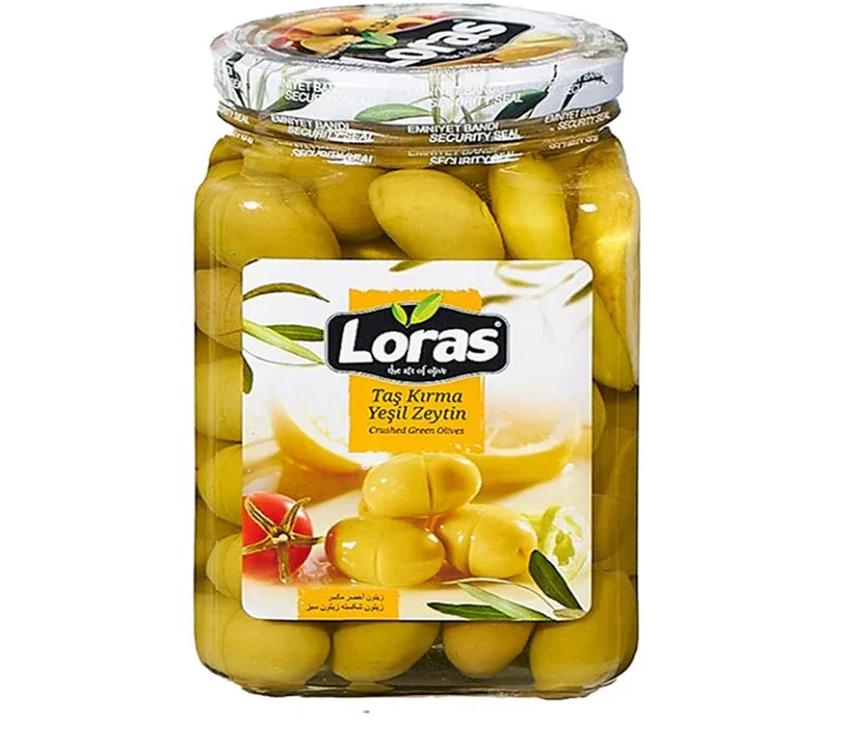 زیتون سبز شکسته لوراس Loras با طعم لیمو وزن 900 گرم