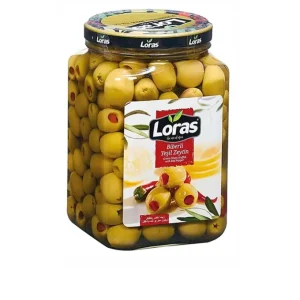 زیتون سبز بدون هسته لوراس Loras با مغز فلفل قرمز وزن 900 گرم