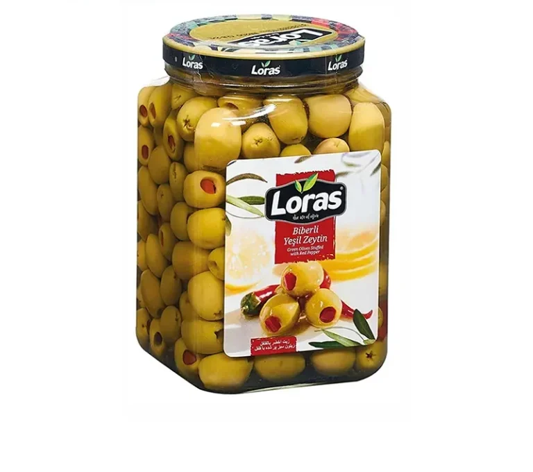 زیتون سبز بدون هسته لوراس Loras با مغز فلفل قرمز وزن 900 گرم